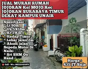 Jual Rumah Jojoran Timur Surabaya Dekat Kampus Unair