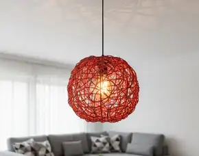 Lampu Hias Gantung Minimalis Bola Anyam Merah (Red Rattan Style) Pencahayaan Artistik